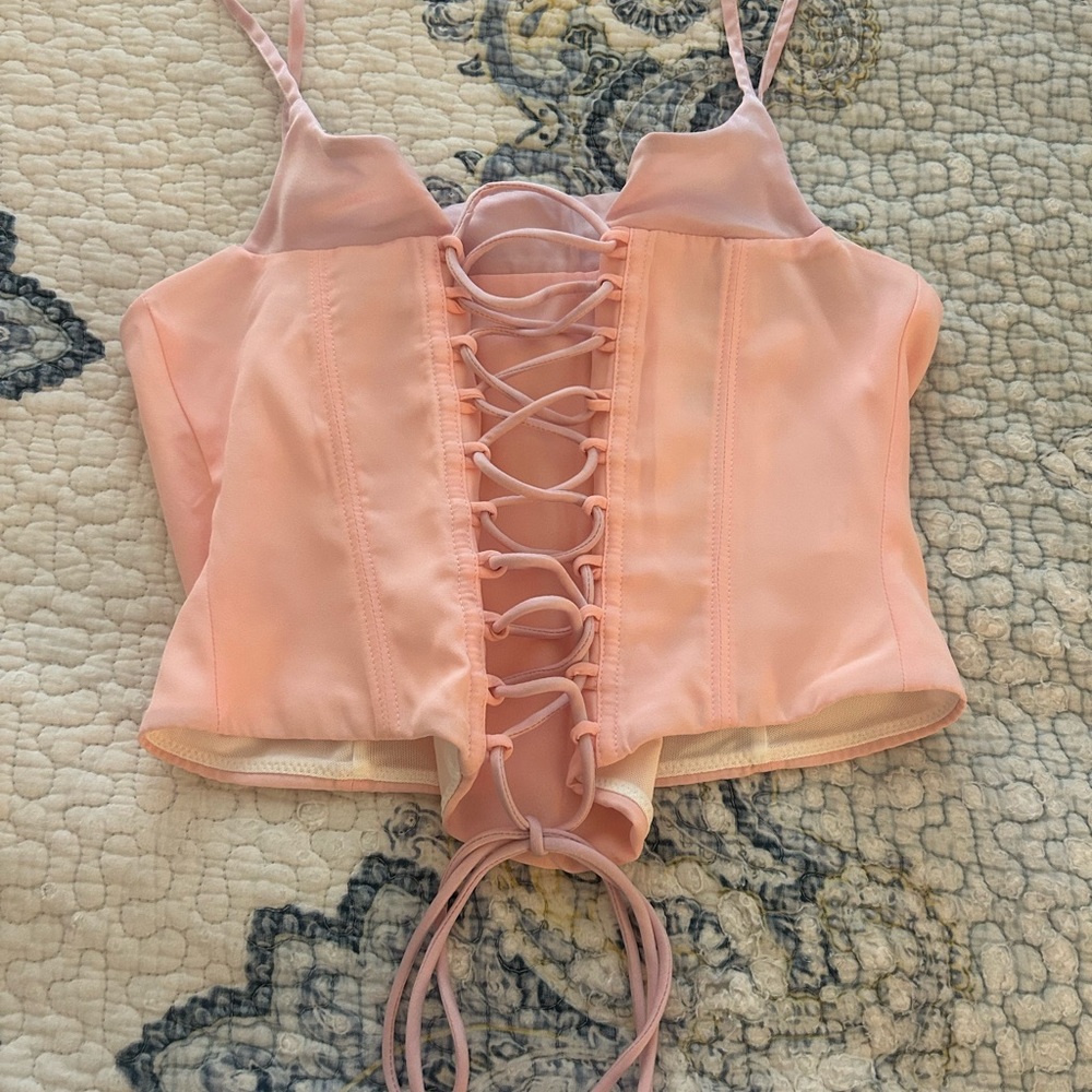 White Fox Boutique Pink Lace-Up Crop Top